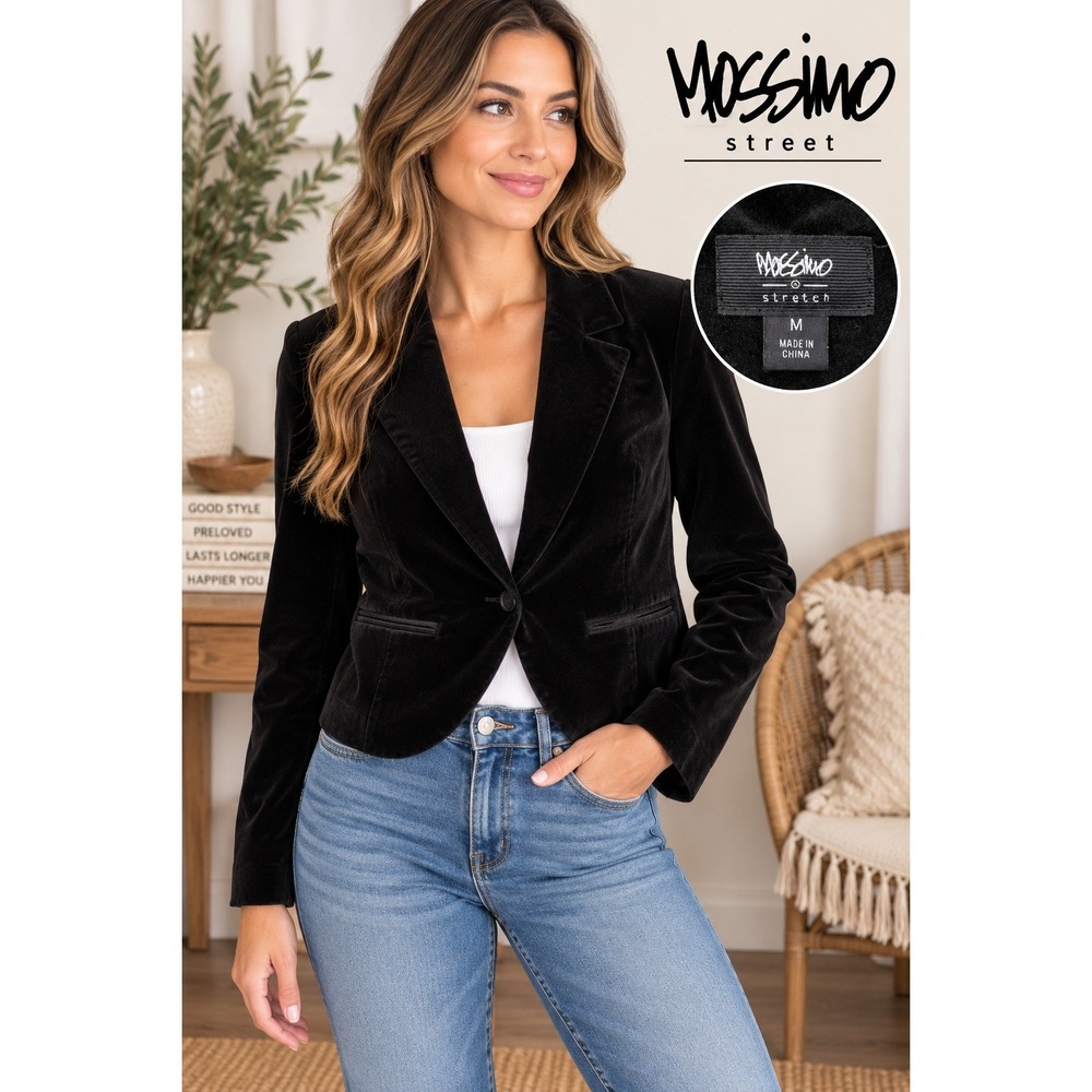 Mossimo Office Street Black Velvet Blazer Jacket Womens Medium Cropped Stretch